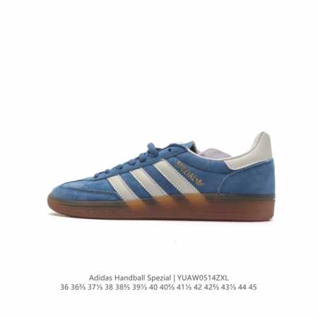阿迪达斯 Adidas Handball Spezial 三叶草学院风复古休闲板鞋 德训鞋 橡胶底柔软皮革经典运动鞋板鞋。圆头、缝合拼接设计、正面绑带、鞋舌部位 - 点击图像关闭