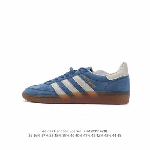 阿迪达斯 Adidas Handball Spezial 三叶草学院风复古休闲板鞋 德训鞋 橡胶底柔软皮革经典运动鞋板鞋。圆头、缝合拼接设计、正面绑带、鞋舌部位