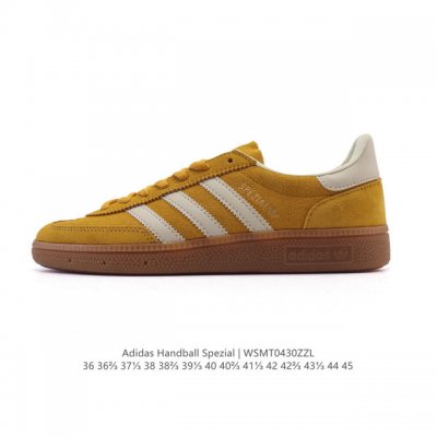 阿迪达斯 Adidas Handball Spezial 低帮三叶草学院风复古休闲板鞋 德训鞋 橡胶底柔软皮革经典运动鞋板鞋。圆头、缝合拼接设计、正面绑带、鞋舌