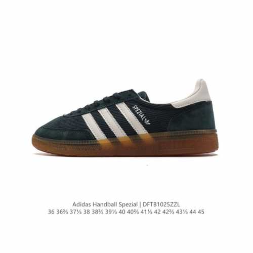 阿迪达斯 Adidas HANDBALL SPEZIAL 低帮三叶草学院风复古休闲板鞋 德训鞋 橡胶底柔软织物经典运动鞋板鞋。圆头、缝合拼接设计、正面绑带、鞋舌