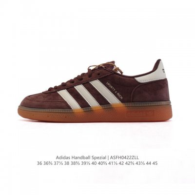 阿迪达斯 Adidas Handball Spezial 低帮三叶草学院风复古休闲板鞋 德训鞋 橡胶底柔软皮革经典运动鞋板鞋。圆头、缝合拼接设计、正面绑带、鞋舌