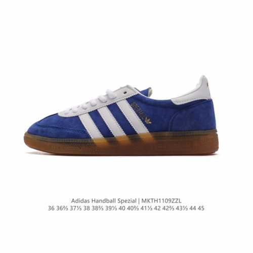 阿迪达斯 Adidas HANDBALL SPEZIAL 低帮三叶草学院风复古休闲板鞋 德训鞋 橡胶底柔软皮革鞋面 经典运动鞋板鞋。圆头、缝合拼接设计、正面绑带