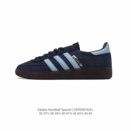 阿迪达斯 Adidas Handball Spezial 低帮三叶草学院风复古休闲板鞋 德训鞋 橡胶底柔软皮革经典运动鞋板鞋。圆头、缝合拼接设计、正面绑带、鞋舌 - 点击图像关闭