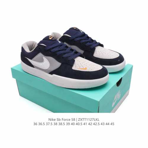 耐克nike Sb Force 58 运动滑板鞋。这是一款将前沿创新带入街头的单品，它具有硫化杯底，具有出色的耐用性和灵活性。使用柔软皮革和帆布拼接，在饰面上放