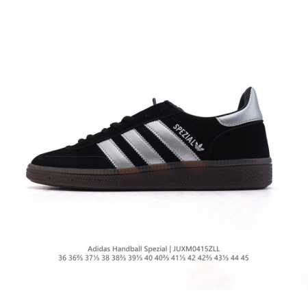 阿迪达斯 Adidas Handball Spezial 低帮三叶草学院风复古休闲板鞋 德训鞋 橡胶底柔软皮革经典运动鞋板鞋。圆头、缝合拼接设计、正面绑带、鞋舌 - 点击图像关闭