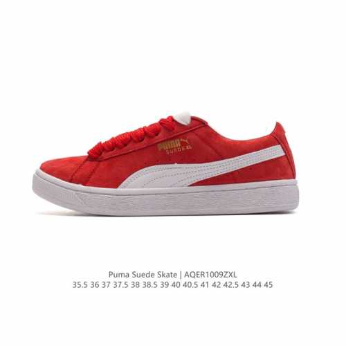 Puma彪马suede Xl Skate男女鞋复古休闲鞋运动厚底增高板鞋1整双鞋整体是亮色鞋身和大号logo以及白色鞋底。鞋身材质是绒面的看起来质感不错。烫金的