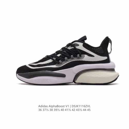 阿迪达斯 Adidas 男女子alphaboost V1跑步鞋特别系列针织面厚底增高运动休闲运动鞋。这款adidas跑步风运动鞋， 融合针织鞋面与adidas
