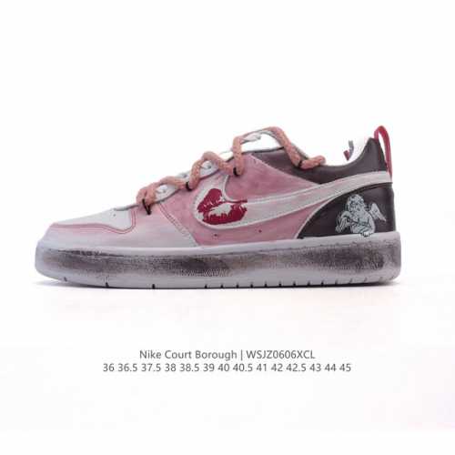 公司级 耐克 Nike 男女子运动鞋 Court Borough Low 解构绑带 双鞋带 小空军低帮板鞋。1.其皮革材质的鞋面结合网眼鞋舌，在出众外观与质感的