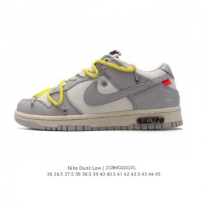 公司级 耐克联名 Off-White X Nike Dunk Low 解构绑带 双鞋带 运动滑板鞋 鞋身侧边印有说明书式字样和烫银字样，外侧鞋带结构和色块标签。