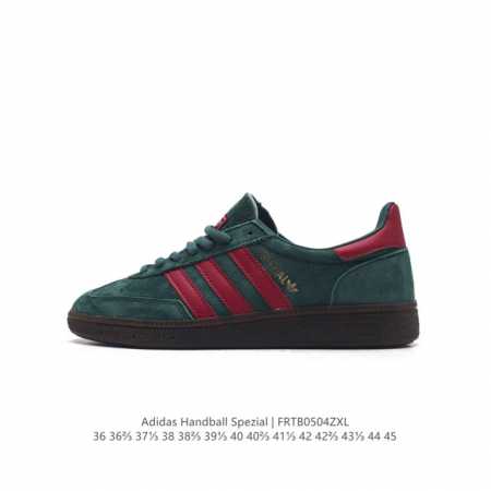 阿迪达斯 Adidas Handball Spezial 三叶草学院风复古休闲板鞋 德训鞋 橡胶底柔软皮革经典运动鞋板鞋。圆头、缝合拼接设计、正面绑带、鞋舌部位 - 点击图像关闭