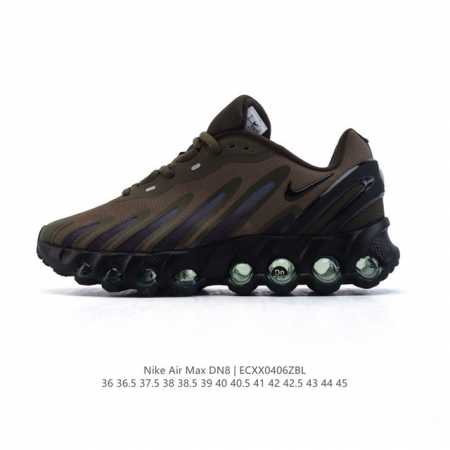 耐克 Nike Air Max Dn8 全掌气垫科技运动跑步鞋Fq7860-005。鞋款采用醒目渐变织物和动态波浪状结构鞋面，搭配黑色中底和外底，以及迷你黑色 - 点击图像关闭