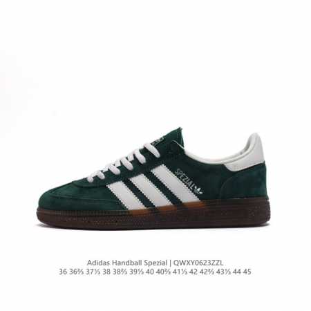 阿迪达斯 Adidas Handball Spezial 低帮三叶草学院风复古休闲板鞋 德训鞋 橡胶底柔软皮革经典运动鞋板鞋。圆头、缝合拼接设计、正面绑带、鞋舌 - 点击图像关闭