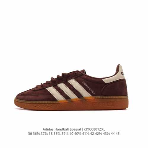 真标 阿迪达斯 Adidas Handball Spezial 低帮三叶草学院风复古休闲板鞋 德训鞋 橡胶底柔软皮革经典运动鞋板鞋。圆头、缝合拼接设计、正面绑带
