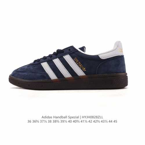 阿迪达斯 Adidas Handball Spezial 低帮三叶草学院风复古休闲板鞋 德训鞋 橡胶底柔软皮革经典运动鞋板鞋。圆头、缝合拼接设计、正面绑带、鞋舌