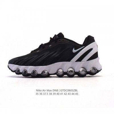 耐克 Nike Air Max Dn8 全掌气垫科技运动跑步鞋Fq7860-005。鞋款采用醒目渐变织物和动态波浪状结构鞋面，搭配黑色中底和外底，以及迷你黑色