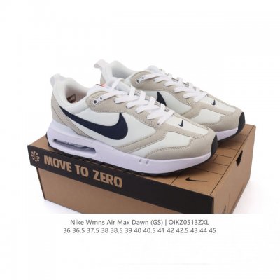 耐克 Nike Air Max Dawn 黎明系列 低帮气垫百搭休闲运动慢跑鞋，从配色上彰显出浓厚的复古气质。最大的亮点当属鞋型设计上加入结构元素，汲取1984