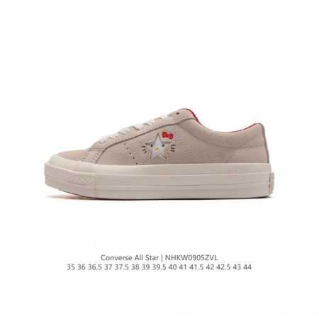 匡威 Converse One Star X Hello Kitty 联名款低帮休闲板鞋 #联名结合经典的鞋款 水晶大底 侧面星星中暗中观察的小猫 呈现风格极为 - 点击图像关闭