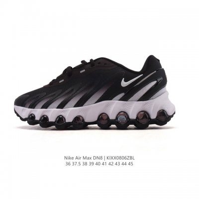 耐克 Nike Air Max Dn8 全掌气垫科技运动跑步鞋Fq7860-005。鞋款采用醒目渐变织物和动态波浪状结构鞋面，搭配黑色中底和外底，以及迷你黑色