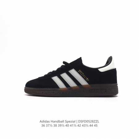 阿迪达斯 Adidas Handball Spezial 三叶草学院风复古休闲板鞋 德训鞋 橡胶底柔软皮革经典运动鞋板鞋。圆头、缝合拼接设计、正面绑带、鞋舌部位 - 点击图像关闭