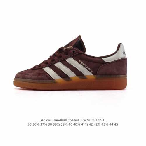130 阿迪达斯 Adidas Handball Spezial 低帮三叶草学院风复古休闲板鞋 德训鞋 橡胶底柔软皮革鞋面经典运动鞋板鞋。圆头、缝合拼接设计、正