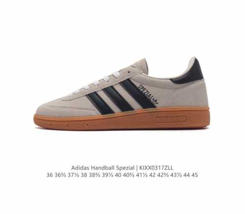 阿迪达斯 Adidas Handball Spezial 三叶草学院风复古休闲板鞋 德训鞋 橡胶底柔软皮革经典运动鞋男女士鞋 圆头 缝合拼接设计 正面绑带 鞋舌