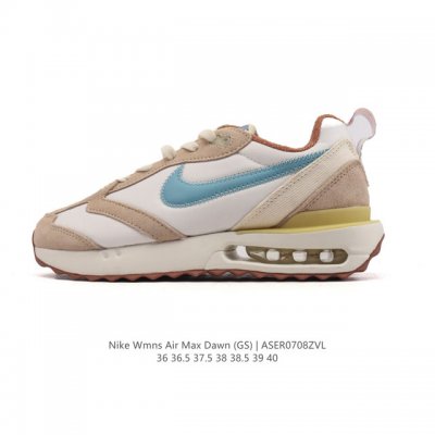耐克 Nike Air Max Dawn 黎明系列 低帮气垫百搭休闲运动慢跑鞋，从配色上彰显出浓厚的复古气质。最大的亮点当属鞋型设计上加入结构元素，汲取1984