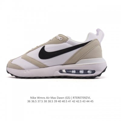 耐克 Nike Air Max Dawn 黎明系列 低帮气垫百搭休闲运动慢跑鞋，从配色上彰显出浓厚的复古气质。最大的亮点当属鞋型设计上加入结构元素，汲取1984