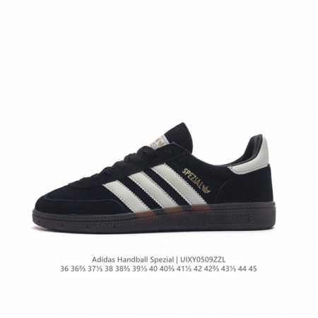 阿迪达斯 Adidas Handball Spezial 三叶草学院风复古休闲板鞋 德训鞋 橡胶底柔软皮革经典运动鞋板鞋。圆头、缝合拼接设计、正面绑带、鞋舌部位 - 点击图像关闭