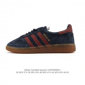 阿迪达斯 Adidas Handball Spezial 低帮三叶草学院风复古休闲板鞋 德训鞋 橡胶底柔软皮革经典运动鞋板鞋。圆头、缝合拼接设计、正面绑带、鞋舌