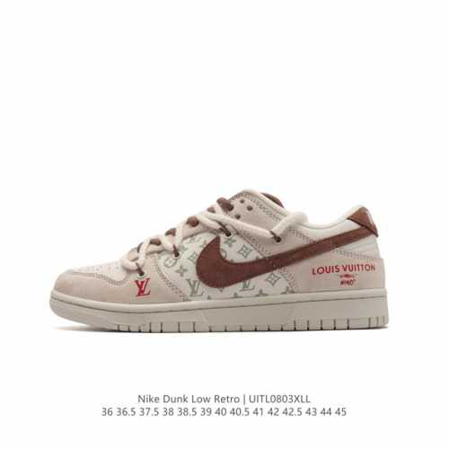 耐克 Nike Dunk Low Retro 运动鞋复古板鞋 双鞋带 解构绑带 路易威登联名，作为 80 年代经典篮球鞋款，起初专为硬木球场打造，后来成为席卷街