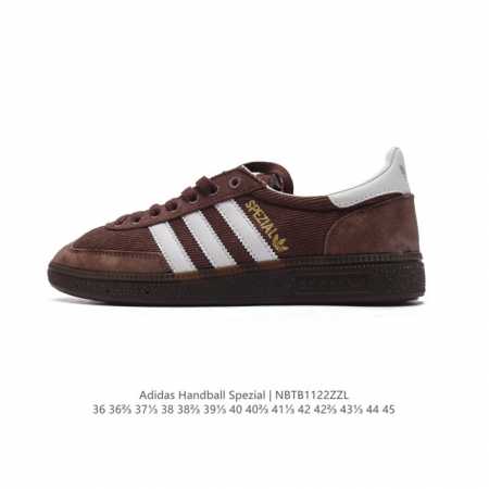 阿迪达斯 Adidas Handball Spezial 低帮三叶草学院风复古休闲板鞋 德训鞋 橡胶底柔软织物经典运动鞋板鞋。圆头、缝合拼接设计、正面绑带、鞋舌 - 点击图像关闭