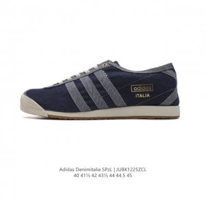 阿迪达斯 牛仔布 Adidas Denim Italia Spzl 防滑低帮运动板鞋。鞋子有模切 Eva 中底，用了一些从废料中提取的回收鞋材，防止生产原始鞋材