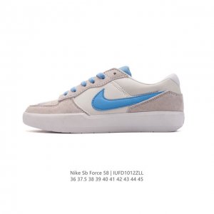 耐克nike Sb Force 58 运动滑板鞋。这是一款将前沿创新带入街头的单品，它具有硫化杯底，具有出色的耐用性和灵活性。使用柔软皮革和帆布拼接，在饰面上放