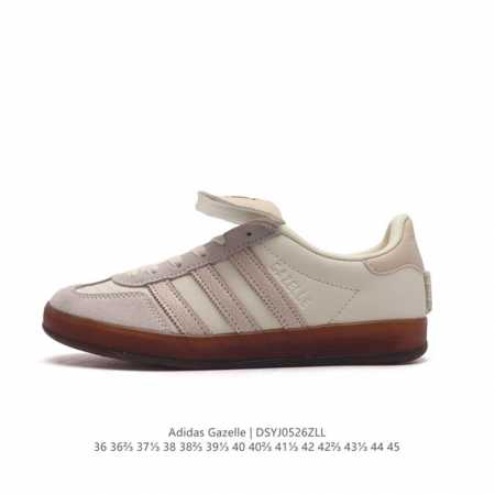 阿迪达斯 Adidas 中性三叶草gazelle系列休闲鞋男女经典运动鞋 德训鞋。鞋身柔软皮革材质和简单百搭的特点，让 Gazelle 一直活跃在街头。T字鞋头 - 点击图像关闭
