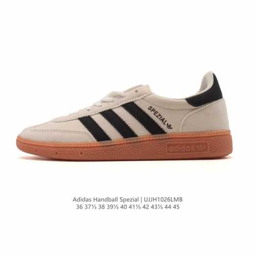阿迪达斯 Adidas Handball Spezial 低帮三叶草学院风复古休闲板鞋 德训鞋 橡胶底柔软皮革织物拼接经典运动鞋板鞋。圆头、缝合拼接设计、正面绑