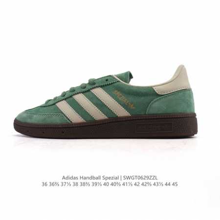 阿迪达斯 Adidas Handball Spezial 低帮三叶草学院风复古休闲板鞋 德训鞋 橡胶底柔软皮革经典运动鞋板鞋。圆头、缝合拼接设计、正面绑带、鞋舌 - 点击图像关闭