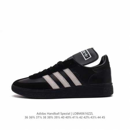 阿迪达斯 Adidas Handball Spezial 中帮三叶草学院风复古休闲板鞋 德训鞋 橡胶底柔软皮革经典运动鞋板鞋。圆头、缝合拼接设计、正面绑带、鞋舌 - 点击图像关闭
