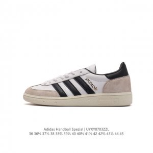 阿迪达斯 Adidas HANDBALL SPEZIAL 低帮三叶草学院风复古休闲板鞋 德训鞋 橡胶底柔软皮革经典运动鞋板鞋。圆头、缝合拼接设计、正面绑带、鞋舌