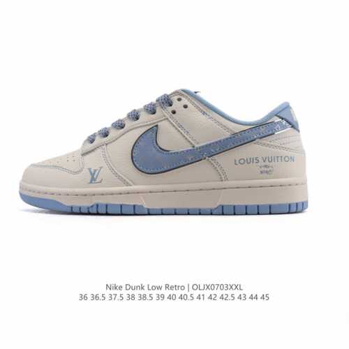 公司级 耐克 Nike Dunk Low Retro 运动鞋复古滑板鞋 路易威登联名。作为 80 年代经典篮球鞋款，起初专为硬木球场打造，后来成为席卷街头的时尚