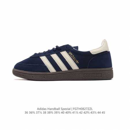 阿迪达斯 Adidas Handball Spezial 低帮三叶草学院风复古休闲板鞋 德训鞋 橡胶底柔软皮革经典运动鞋板鞋。圆头、缝合拼接设计、正面绑带、鞋舌 - 点击图像关闭