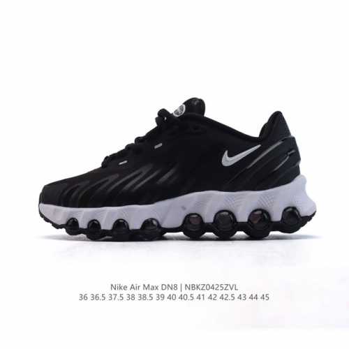 公司级 耐克 Nike Air Max Dn8 全掌气垫科技运动跑步鞋Fq7860-005。鞋款采用醒目渐变织物和动态波浪状结构鞋面，搭配黑色中底和外底，以及迷