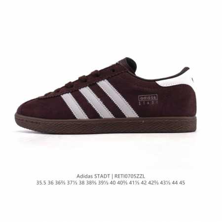 新品 阿迪达斯 Adidas Stadt 舒适透气 百搭潮流 复古时尚 德训鞋 柔软舒适 防滑耐磨 低帮 运动板鞋 男女同款。休闲鞋特色：设计师大胆选择粉色打底 - 点击图像关闭