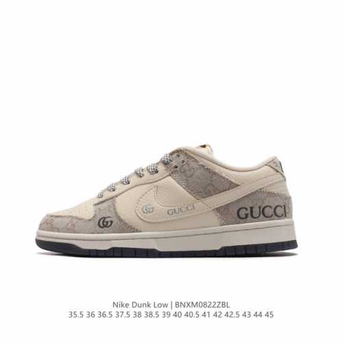 耐克 Nike Dunk Low Retro 运动鞋经典复古板鞋 Gucci联名。作为 80 年代经典篮球鞋款，起初专为硬木球场打造，后来成为席卷街头的时尚标杆