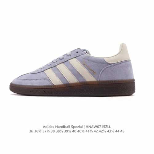 公司级 阿迪达斯 Adidas Handball Spezial 低帮三叶草学院风复古休闲板鞋 德训鞋 橡胶底柔软皮革经典运动鞋板鞋。圆头、缝合拼接设计、正面绑