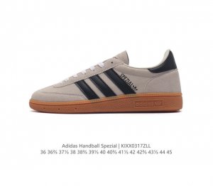阿迪达斯 Adidas Handball Spezial 三叶草学院风复古休闲板鞋 德训鞋 橡胶底柔软皮革经典运动鞋男女士鞋 圆头 缝合拼接设计 正面绑带 鞋舌