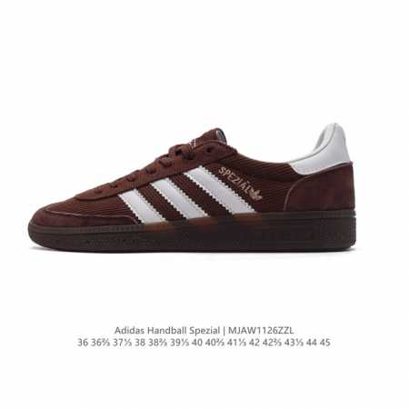 阿迪达斯 Adidas Handball Spezial 低帮三叶草学院风复古休闲板鞋 德训鞋 橡胶底柔软织物鞋面经典运动鞋板鞋。圆头、缝合拼接设计、正面绑带、 - 点击图像关闭