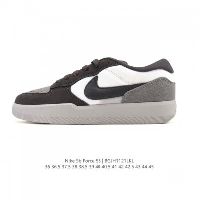 耐克Nike Sb Force 58 运动滑板鞋。这是一款将前沿创新带入街头的单品，它具有硫化杯底，具有出色的耐用性和灵活性。使用柔软皮革拼接，在饰面上放置通风
