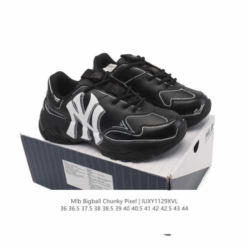 公司级 韩国Mlb 男女复古老爹 Mlb Bigball Chunky pixel 复古印花 解构绑带 双鞋带 男女厚底增高纽约洋基队老爹运动休闲跑步鞋 ，Ml