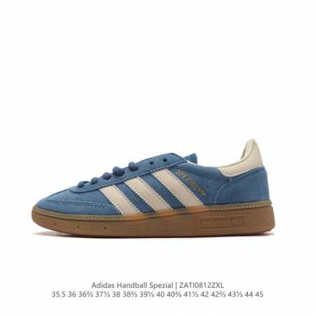 阿迪达斯 Adidas Handball Spezial 低帮三叶草学院风复古休闲板鞋 德训鞋 橡胶底柔软皮革经典运动鞋板鞋。圆头、缝合拼接设计、正面绑带、鞋舌 - 点击图像关闭