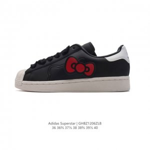阿迪达斯 新款 Adidas Superstar 三叶草 经典贝壳头系列 新款休闲板鞋 Hellokitty 猫 大蝴蝶结 潮流女士运动鞋 。鞋面柔软皮革材质